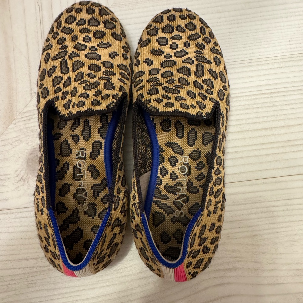 Rothy's Leopard Patterned Slip-Ons with Blue and Pink Accents
